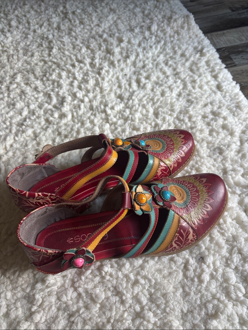 Women's Multicolor Embroidered Leather Heels - Burgundy Floral Detail